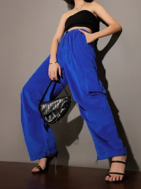 Women Royal Blue Pleated Knee Corduroy Cargo Pants