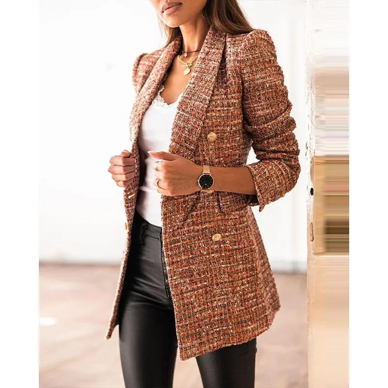 Women winter fall double breasted long sleeve checked coat