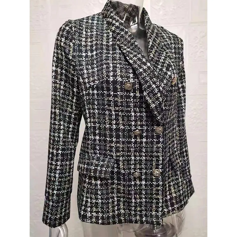 Women winter fall double breasted long sleeve checked coat