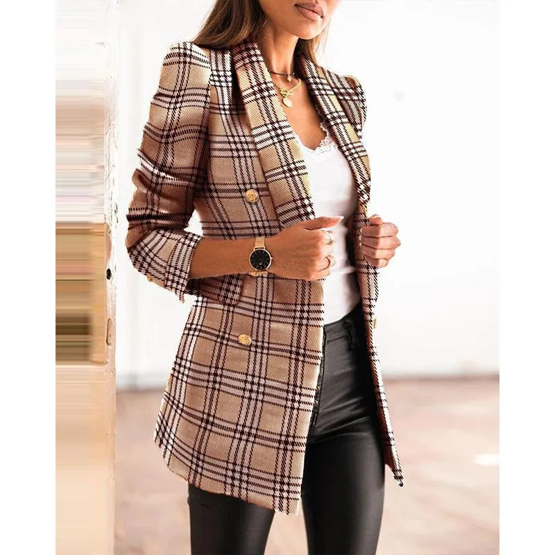 Women winter fall double breasted long sleeve checked coat