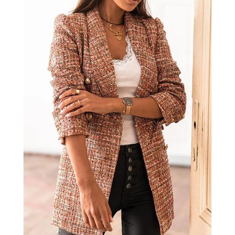 Women winter fall double breasted long sleeve checked coat