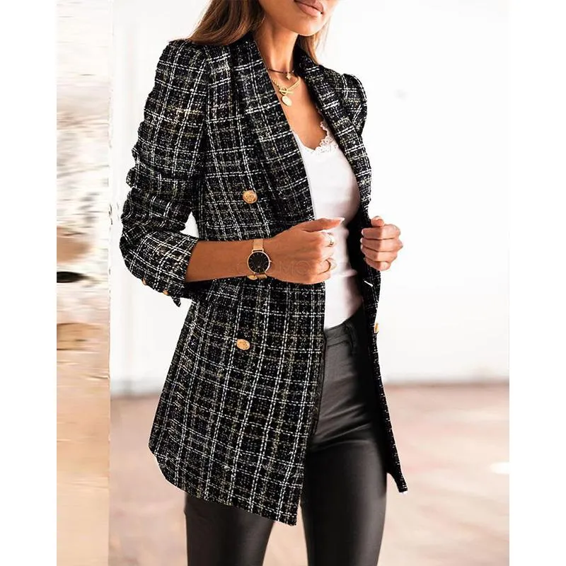 Women winter fall double breasted long sleeve checked coat