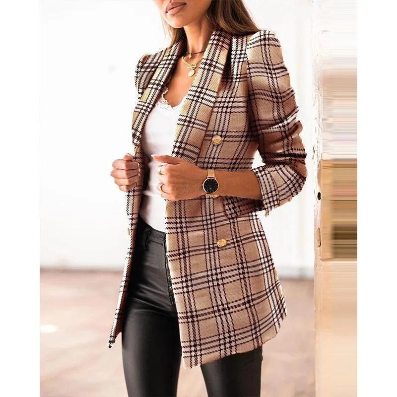 Women winter fall double breasted long sleeve checked coat