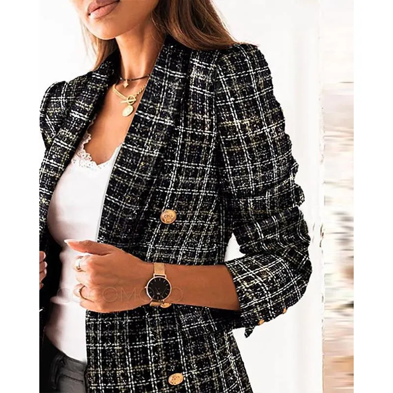 Women winter fall double breasted long sleeve checked coat