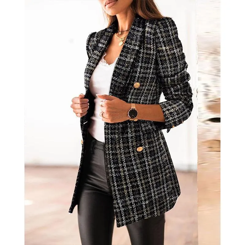 Women winter fall double breasted long sleeve checked coat