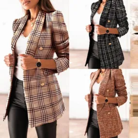 Women winter fall double breasted long sleeve checked coat