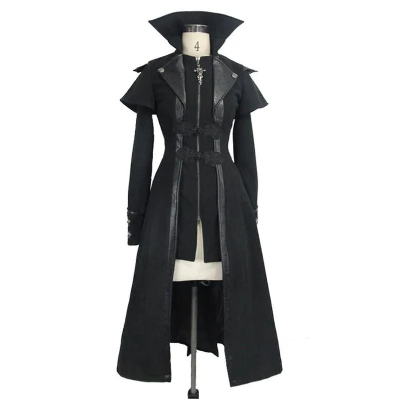 Women's Asymmetric Long Leather Trimmed Goth Coat