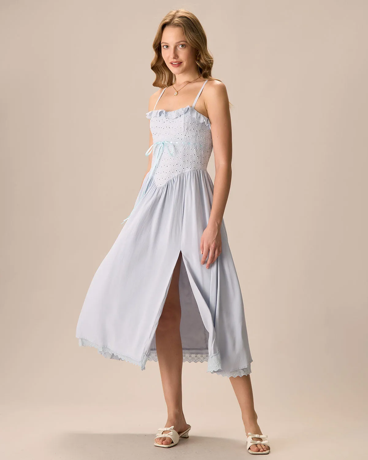 Women's Blue Embroidery Cotton Slip Midi Dress