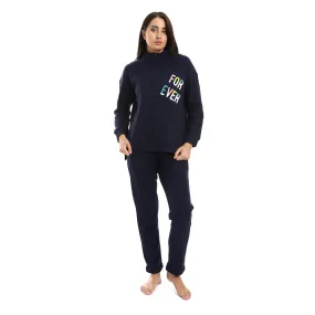 Women's High Neck Pajama With Pocket - Navy Blue