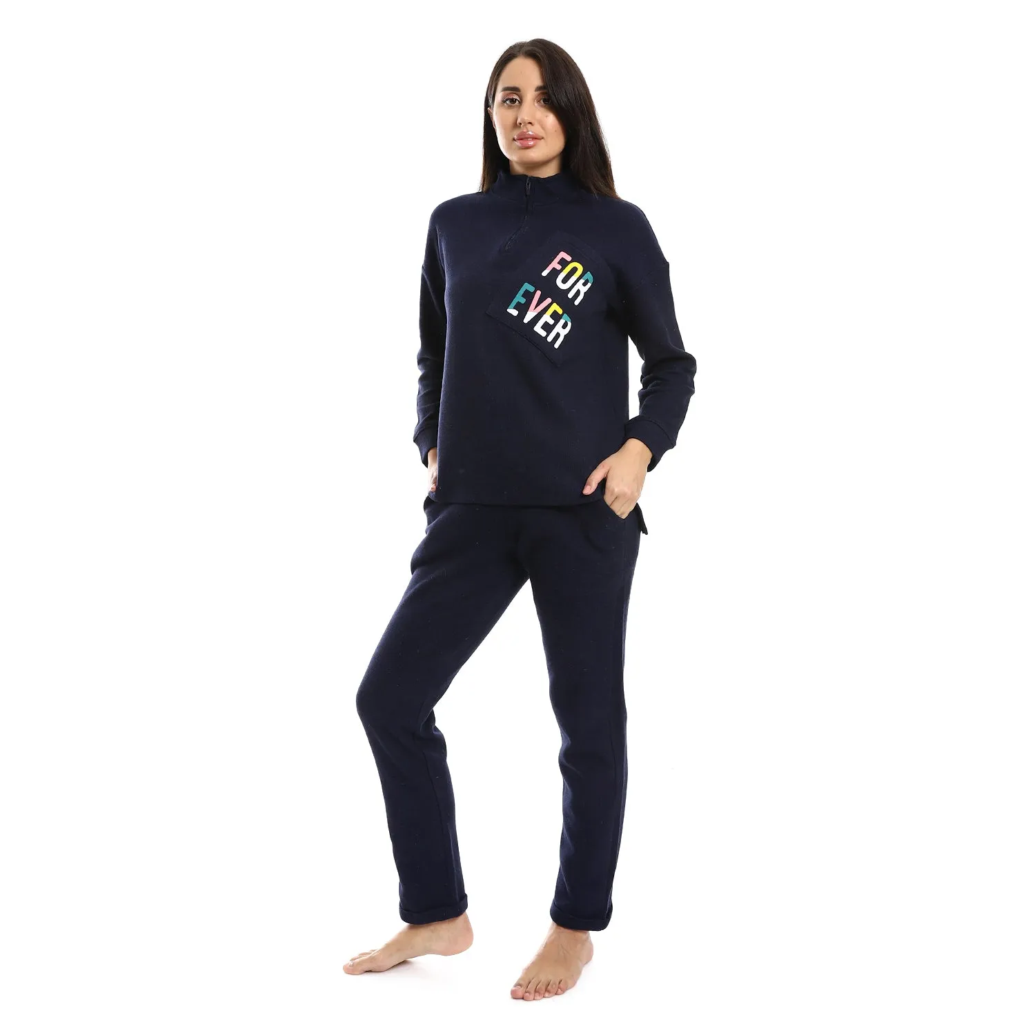 Women's High Neck Pajama With Pocket - Navy Blue