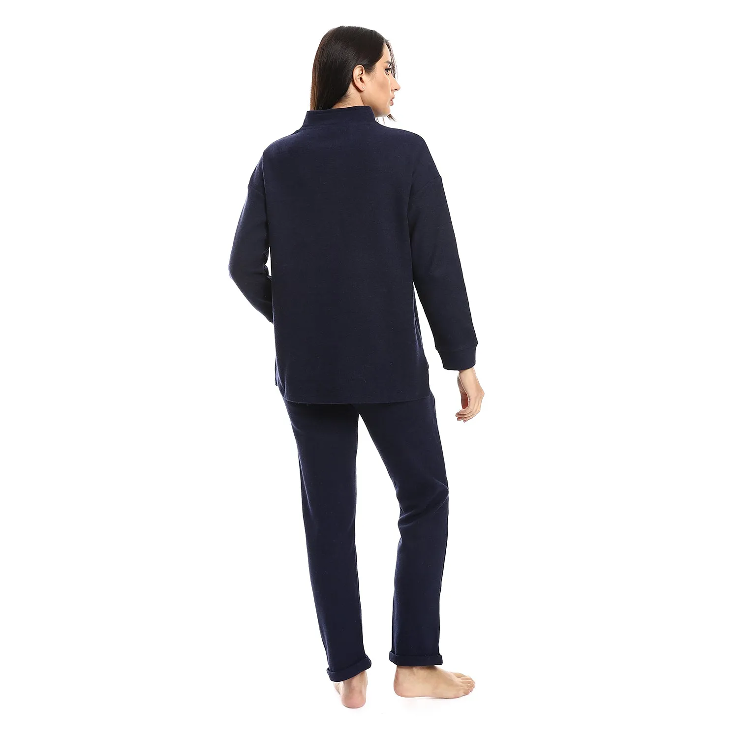 Women's High Neck Pajama With Pocket - Navy Blue