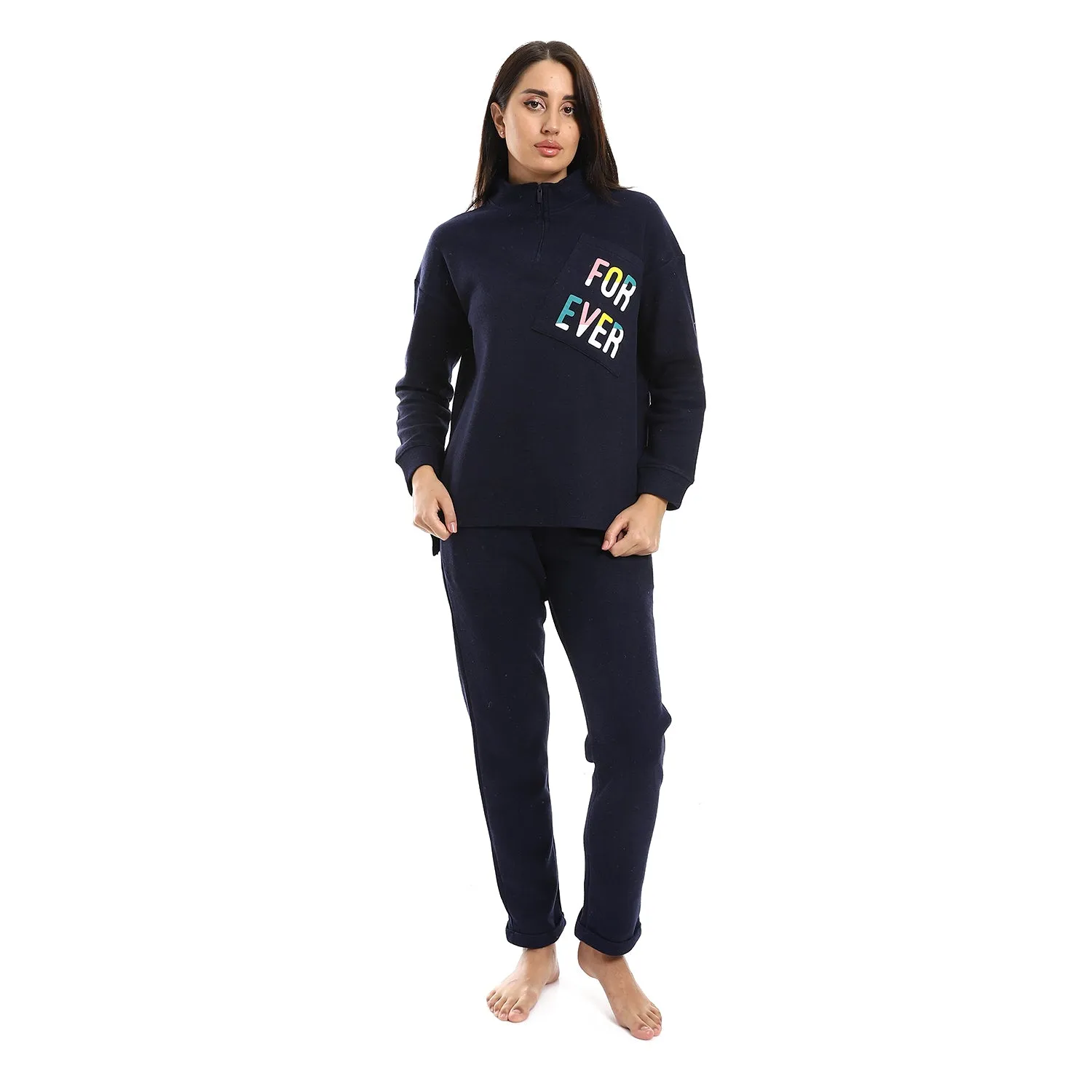 Women's High Neck Pajama With Pocket - Navy Blue