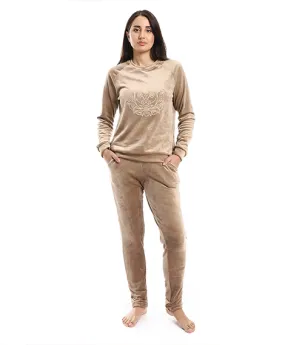 Women's Printed Velor Pajamas - Cafe