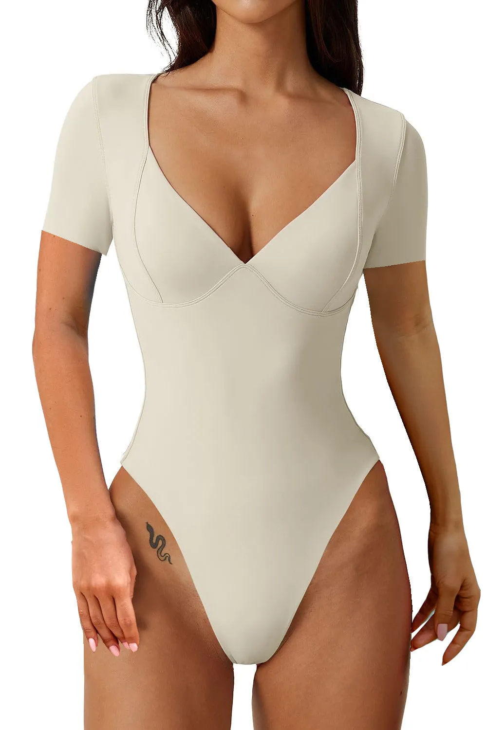 Women's Short Sleeve V Neck Bodysuit – Seamed Cup Going Out Top