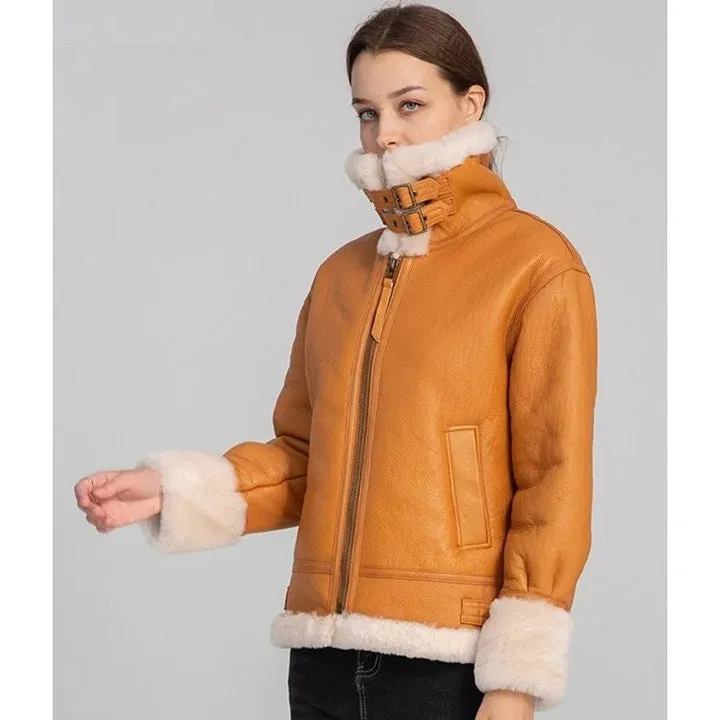 Women's Tan Brown B3 Bomber Shearling Aviator Flight Coat